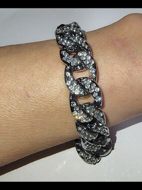 Silver Plated Stainless Steel Crystal Pavé Cuban Link Bracelet